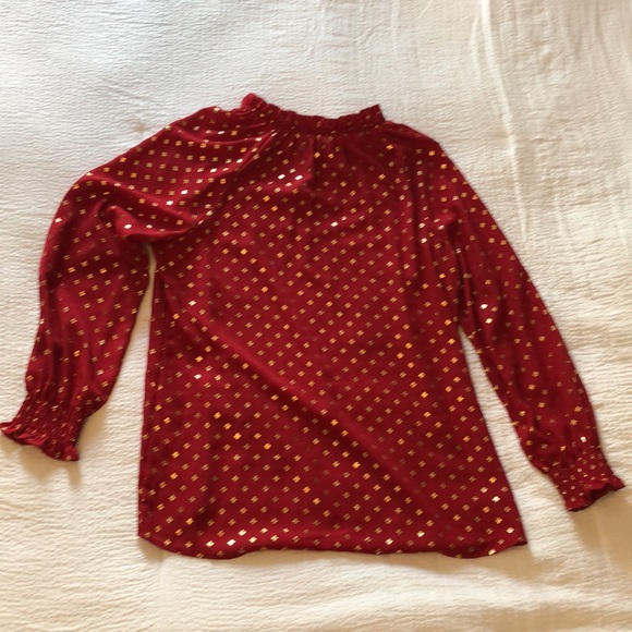 Time and Tru Red & Gold Dress Blouse w/ Ruched collar and Smocked Sleeve Cuffs - Picture 7 of 13